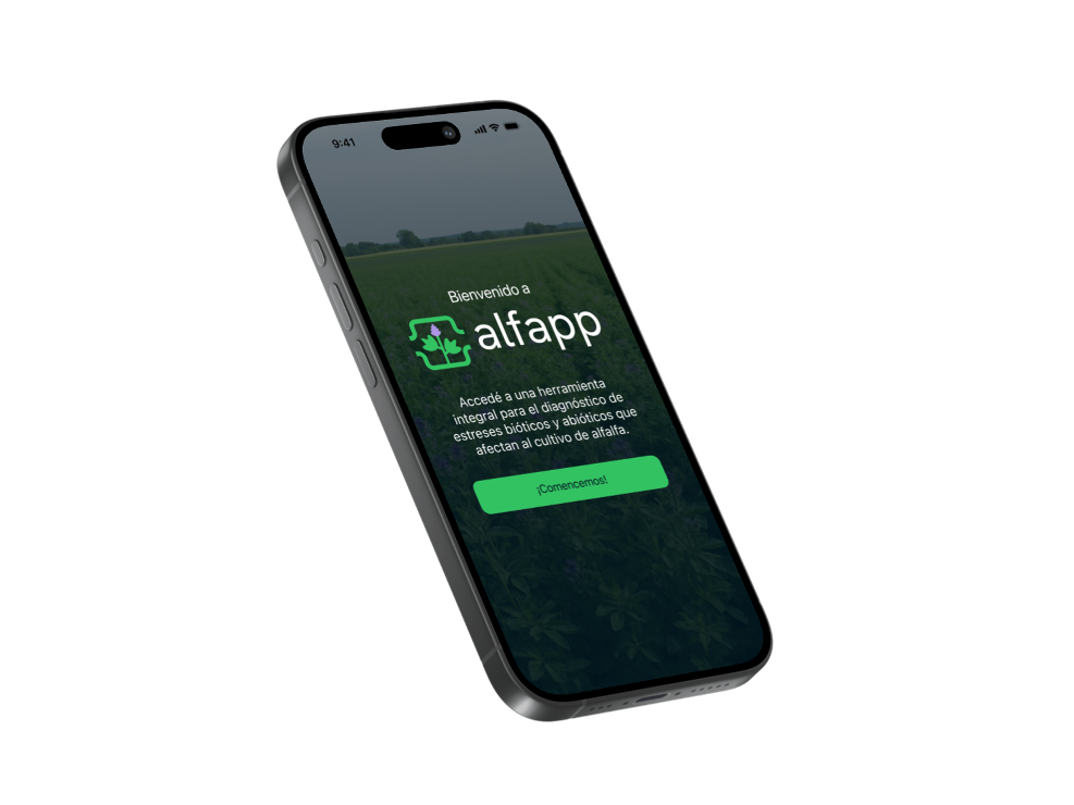 Alfapp abierta en un teléfono, mostrando la pantalla de bienvenida.